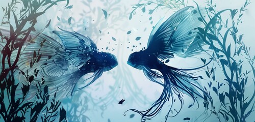 A pair of angelfish engaged in a graceful courtship dance, surrounded by swaying seaweed. 