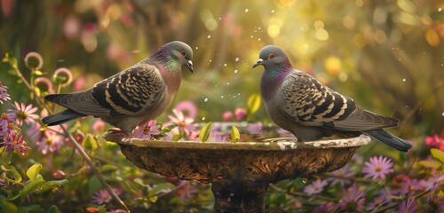 Pigeons foraging among vibrant foliage, their elegant silhouettes contrasting against the verdant backdrop.  - obrazy, fototapety, plakaty
