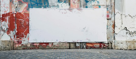 White poster with wrinkles attached to a wall, paper mockup glued on textured surface, blank wheatpaste on the wall, sticker mockup displayed on a street art setting,