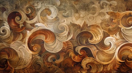 A mural of overlapping swirls and intricate patterns in a spectrum of warm earthy tones creating an otherworldly dreamlike atmosphere.