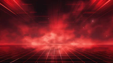 Gordijnen Red grid floor line on glow neon night red background with glow red sun, Synthwave cyberspace background, concert poster, rollerwave, technological design, shaped canvas, smokey cloud wave background. © ribelco