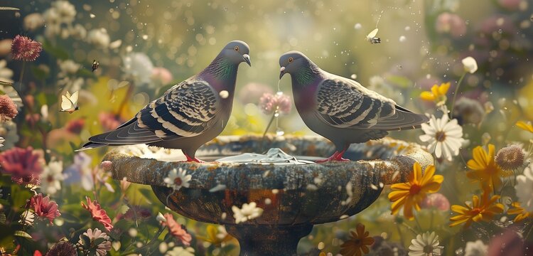 Pigeons foraging among vibrant foliage, their elegant silhouettes contrasting against the verdant backdrop. 