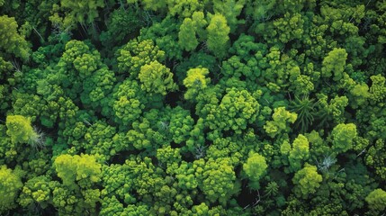 A birds eye view of a dense forest with a multitude of green trees.