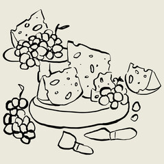 Tabla de quesos dibujada a mano. Boceto de quesos y uvas en mesa. Arte en líneas para diseño de invitaciones,  brunch, fiesta de cena, bodas, marca, restaurante.