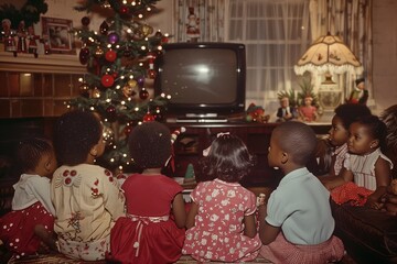 Fototapeta na wymiar Old vintage photo of kids celebrating Christmas at home