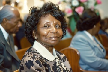 Old photo of an elderly black woman sitting at a church - 767581482