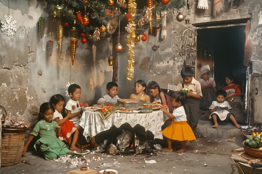 Old vintage photo of kids celebrating Christmas at home