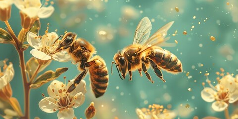 Bees actively aiding in the growth and pollinating the plants. Generative Ai - obrazy, fototapety, plakaty