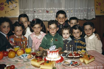 Old vintage photo of kids having a birthday party at home - obrazy, fototapety, plakaty