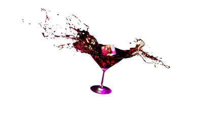 Cocktail glass with fluid splashes and falling ice cube