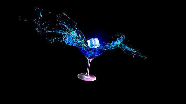 Cocktail glass with fluid splashes and falling ice cube