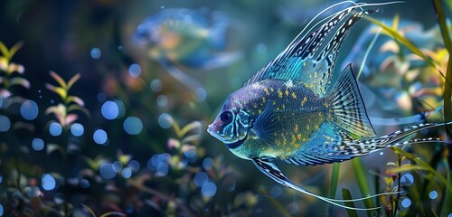 An iridescent angelfish gliding gracefully through crystal-clear waters, its fins trailing elegant patterns.  - obrazy, fototapety, plakaty