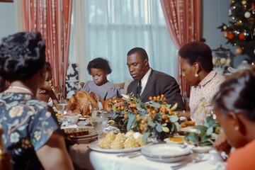 Old photo of a family eating thanksgiving dinner at home