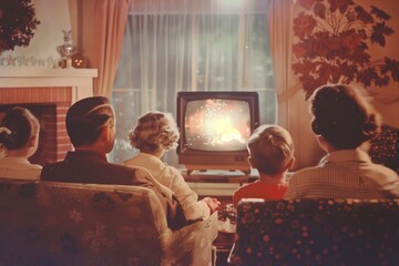 Old vintage photo of a family watching TV at home - 767581870