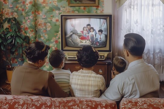 Old vintage photo of a family watching TV at home