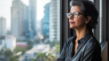 mature optimistic Indian businesswoman woman female executive CEO in corporate modern office thinking contemplating and looking out window skyscraper cityscape daytime