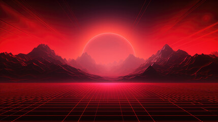 Red grid floor line on glow neon night red background with glow red sun, Synthwave cyberspace background, concert poster, rollerwave, technological design, shaped canvas, smokey cloud wave background. - obrazy, fototapety, plakaty