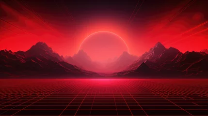 Zelfklevend Fotobehang Donkerrood Red grid floor line on glow neon night red background with glow red sun, Synthwave cyberspace background, concert poster, rollerwave, technological design, shaped canvas, smokey cloud wave background.