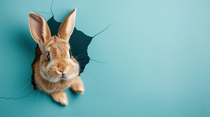 Bunny peeking out of a hole in blue wall, fluffy eared bunny easter bunny banner, rabbit jump out torn hole. copy space for text.