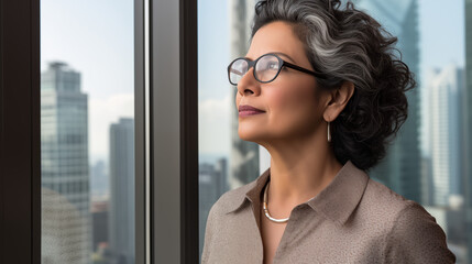 mature optimistic Indian businesswoman woman female executive CEO in corporate modern office thinking contemplating and looking out window skyscraper cityscape daytime - obrazy, fototapety, plakaty