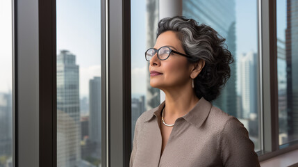 mature optimistic Indian businesswoman woman female executive CEO in corporate modern office thinking contemplating and looking out window skyscraper cityscape daytime with room for text - obrazy, fototapety, plakaty