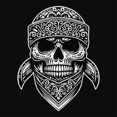 Dark Art Bandana Skull Head with Slayer Black and White Illustration