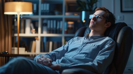 Calm millennial man in glasses sit relax at home office workplace take nap or daydream. Happy relaxed Caucasian young male rest in chair distracted from computer work, relieve negative emotions.