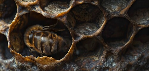 A honey bee pupa cradled in its delicate cocoon, poised for metamorphosis into adulthood.  - obrazy, fototapety, plakaty