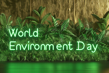 "World Environment Day" illuminated in green neon text, transitioning from a metallic gold background to a 3D design of a lush forest landscape, showcasing the wealth of nature versus material wealth