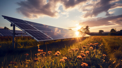 solar energy panels in a field at sunset. renewable energy concept. ecology. energy industry - obrazy, fototapety, plakaty