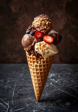 Image of Italian gelato scoops in a long and small shaped waffle cone, ice cream, summer dessert, basic background, copy space