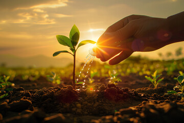 Fototapeta premium The sun setting behind a serene agricultural landscape, with a farmer's hand carefully watering a young tree, embodying hope and the commitment to the Earth's future