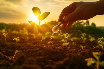 The sun setting behind a serene agricultural landscape, with a farmer's hand carefully watering a...