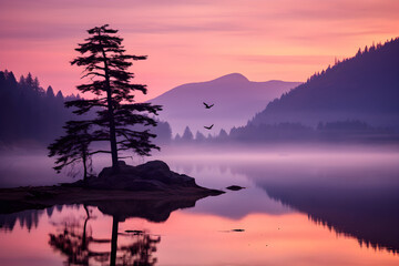 Tranquil twilight over a serene British Columbia Lake: Masterpiece of nature's beauty reflected