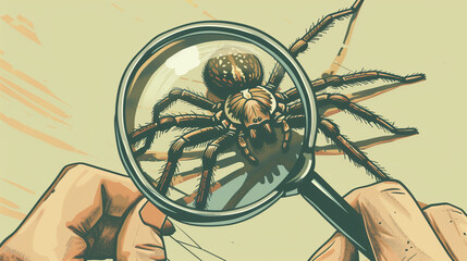 a hand holding a magnifying glass, with a spider crawling on the back of the hand, indicating a scientific or educational exploration of arachnids. - obrazy, fototapety, plakaty