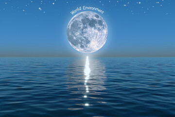 The moon shining over a tranquil ocean, with "World Environment Day" reflected on the water's surface, symbolizing the celestial influence on our planet's environment