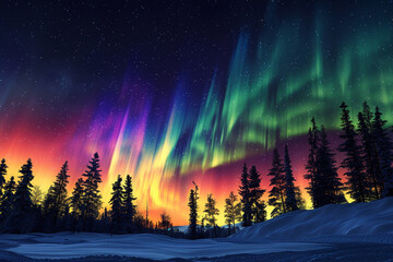 The Northern Lights (Aurora Borealis) dancing over a snowy landscape, with pine trees silhouetted...