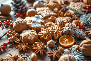 Obraz na płótnie Canvas assorted decorative Christmas cookies and oranges. dessert and holiday baking. creative handmade
