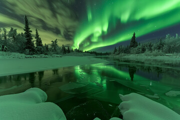 The green aurora borealis over a frozen lake, with the lights reflected on the ice and snow-covered trees in the foreground
