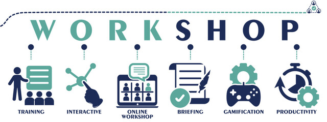 Workshop banner web solid icons. Vector illustration concept including icon as training, interactive, online workshop, briefing, gamification and productivity