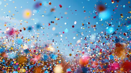A vibrant burst of confetti fills the air against a clear blue sky, creating a festive and joyful atmosphere.
 - obrazy, fototapety, plakaty