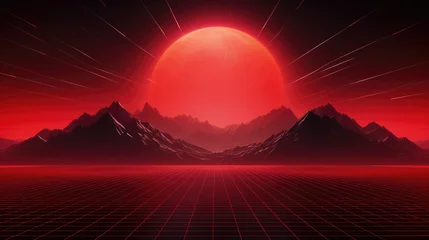 Fotobehang Red grid floor line on glow neon night red background with glow red sun, Synthwave cyberspace background, concert poster, rollerwave, technological design, shaped canvas, smokey cloud wave background. © ribelco