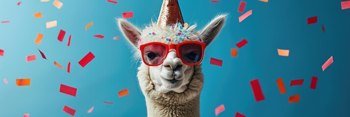 Alpaca with a blue back, sporting a party hat and sunglasses. Generative Ai - obrazy, fototapety, plakaty
