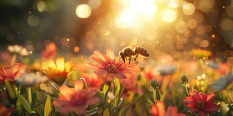 Bees pollinating in an urban garden humming with activity. Generative Ai