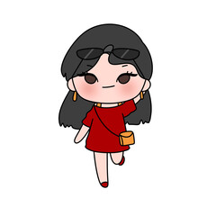 A cartoon girl wearing sunglasses and a red dress is walking with a handbag. She is smiling and waving
