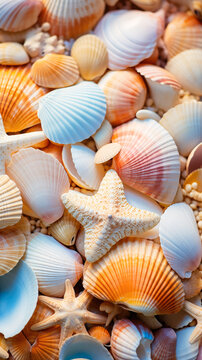 A collection of seashells and a starfish are scattered on a beach. The shells come in various sizes and colors, creating a vibrant and lively scene. The starfish is the focal point of the image