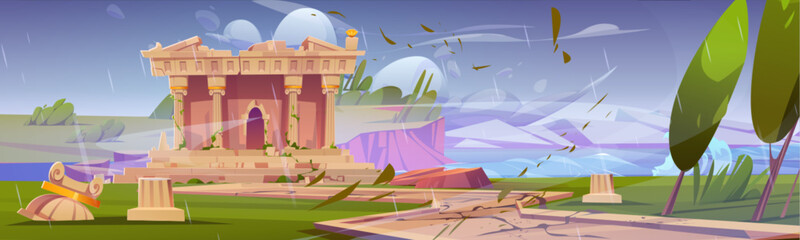 Broken abandoned ancient Greek temple with creeper on damaged columns and stairs at sea or ocean beach under gloomy weather with rain and wind. Cartoon vector landscape with antique architecture ruins