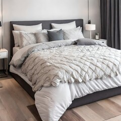 grey bed in bedroom