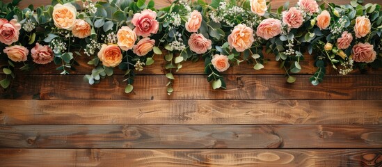 Flower decorates a wooden wall on a brown wood background, focusing on the wedding day.