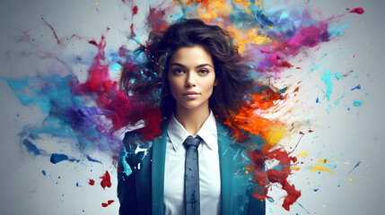 business beautiful woman model with chaotically flying colored paint around. fashionable beauty and glamor - obrazy, fototapety, plakaty